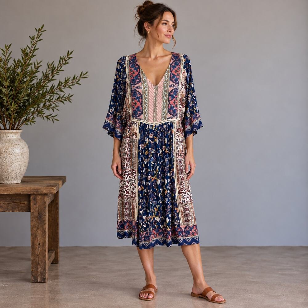 Sundance Blue Coral Paisley V Neck Patchwork Print Pop Over Dress Small